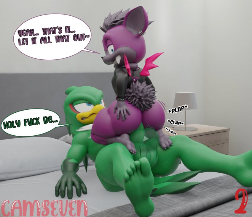 3d_(artwork) accipitrid accipitriform anal anal_sex anthro ass avian balls bird bottomless camseven clothed clothing dark_gaia digital_media_(artwork) duo ear_piercing ear_ring english_text eye_roll feathers from_front_position fur genitals girly green_body green_feathers grey_hair hair hi_res jet_the_hawk looking_back lying male male/male male_penetrated male_penetrating male_penetrating_male mammal missionary_position notched_ear nude on_back partially_clothed penetration penis piercing purple_body purple_fur ring_piercing sega sex smile sonic_(series) sonic_riders sonic_the_hedgehog_(series) sonic_unleashed sound_effects speech_bubble teapot_(body_type) text thick_thighs topwear unknown_species watermark wide_hips wings