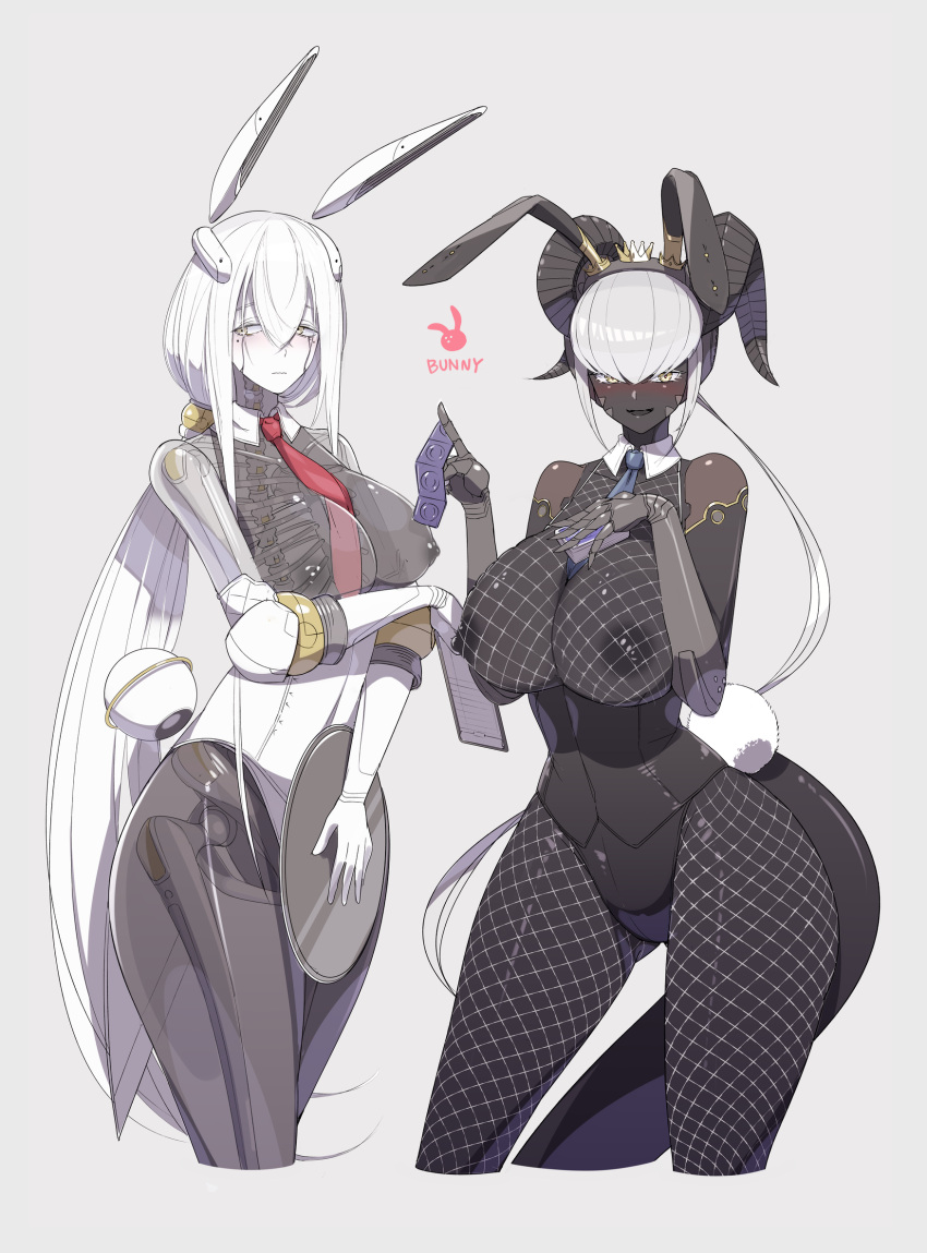 2girls android ass bare_breasts bare_shoulders bare_thighs beauty_mark big_breasts black_body black_skin bones breasts bunny_ears bunny_girl bunny_tail bunnysuit choker cleavage condom condom_packet_strip crown dark-skinned_female dark_nipples dark_skin english_text eurika_(ub1mo) female female_focus female_only fishnet_stockings fishnets gold_eyes headband headgear headwear holding_object horn horns hourglass_figure huge_breasts ill_(ub1mo) large_breasts legwear long_hair long_ponytail looking_at_viewer looking_to_the_side multiple_girls nipples non-human open_clothes pale-skinned_female pale_skin playing_card ponytail robot_girl robotic_arm see-through sitting skeleton skin_tight solo solo_female solo_focus tagme tail thick_tail thick_thighs tie tie_between_breasts transparent_body ub1mo voluptuous white_body white_hair wide_hips yellow_eyes