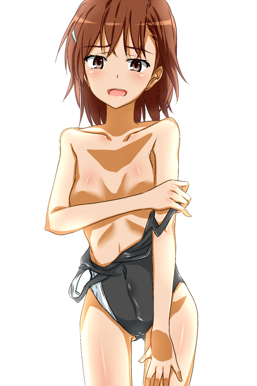 10s 1girls 2013 ass_visible_through_thighs bare_shoulders blush breasts brown_eyes brown_hair brunette censored clothes_pull collarbone competition_swimsuit convenient_censoring covered_navel etsuji gluteal_fold hair_ornament hairclip hi_res looking_at_viewer matching_hair/eyes misaka_mikoto navel one-piece_swimsuit open_mouth short_hair small_breasts solo standing swimsuit swimsuit_pull teenage_girl teenager thigh_gap to_aru_kagaku_no_railgun to_aru_majutsu_no_index tokiwadai_school_swimsuit undressing white_background young