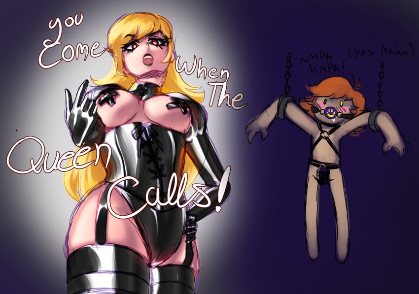 a_hat_in_time aspenofsimpcon bdsm_gear big_breasts black_lipstick blonde_hair blush bondage brown_hair chained chains dominant_female domination female long_hair male malesub pasties prince_(ahit) queen_vanessa queen_vanessa_(ahit) red_eyes short_hair text thigh_highs