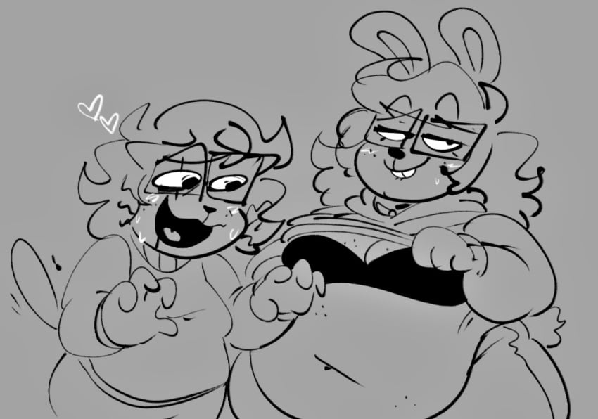 2girls anne_(skiptty) aubrey_(skiptty) bbw blush bunny_ears bunny_girl demon_cat female_focus female_only freckles freckles_on_chest freckles_on_stomach furry furry_only glasses heart lifting_shirt overweight overweight_anthro overweight_female skiptty smiling smug_face sweat