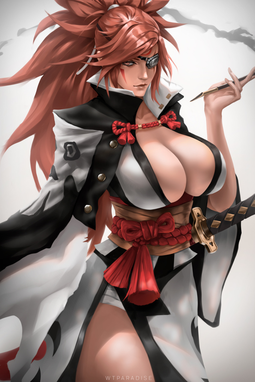 1girls amputee artist_name baiken big_breasts black_jacket black_kimono breasts cleavage closed_mouth eyepatch facial_tattoo female female_focus female_only guilty_gear hand_up holding holding_object holding_smoking_pipe huge_breasts jacket jacket_on_shoulders japanese_clothes katana kimono kiseru large_breasts light-skinned_female light_skin looking_at_viewer multicolored_clothes multicolored_kimono one_eyed only_female open_clothes open_kimono pink_hair ponytail red_eyes samurai sash scar scar_across_eye scar_on_face simple_background smoke smoking smoking_pipe solo solo_female solo_focus sword tattoo torn_sleeves we1cometoparadiseart weapon welcometoparadise white_kimono wtparadise