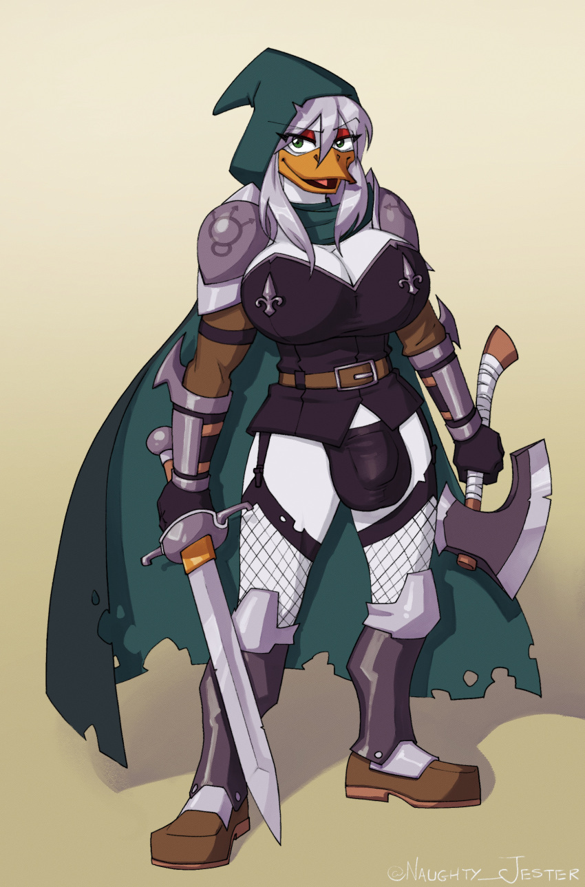 2022 absurd_res anatid anseriform anthro armor avian axe balls belt big_balls big_breasts big_penis bird boots bracers breasts bulge cape clothing duck fan_character fishnet fishnet_legwear footwear futa_only genitals green_cape green_eyes green_hood gynomorph hair hi_res intersex lapinbeau legwear melee_weapon mostly_clothed pauldron penis signature simple_background sword weapon white_hair