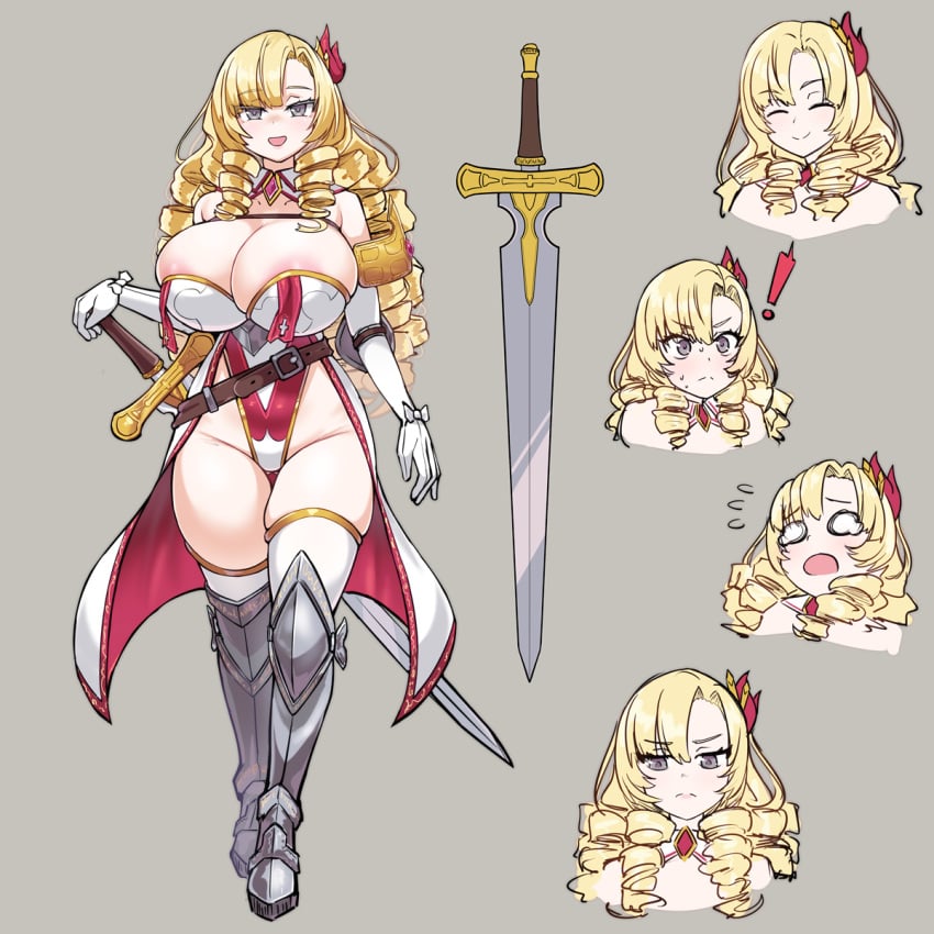 armored_boots big_breasts blonde_hair breasts character_sheet clothed clothing curly_hair female hair ihcaris long_hair model_sheet reference_sheet sirachi sword weapon