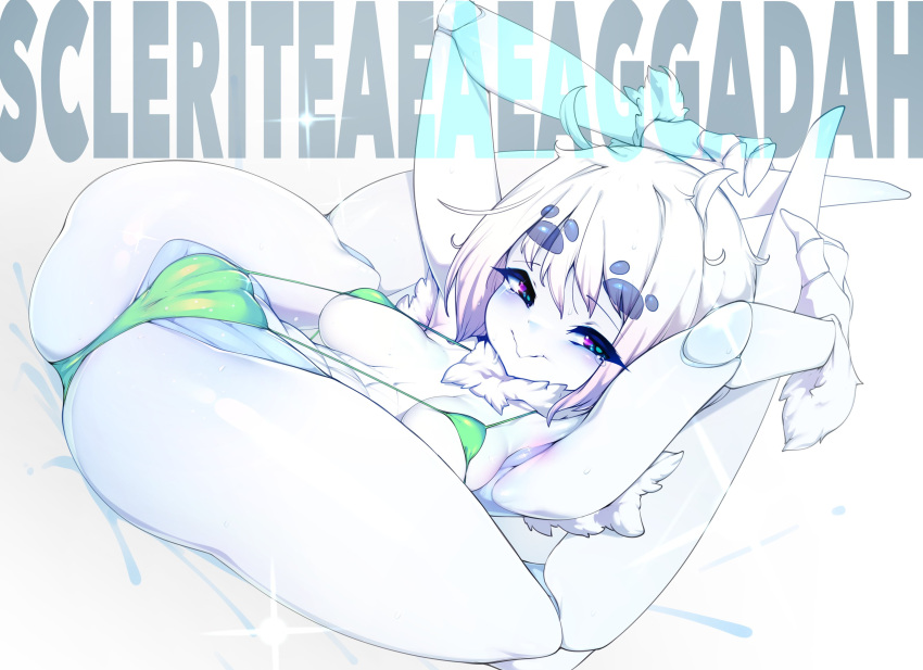 bikini cameltoe feet_behind_head feet_up insect_girl insect_humanoid original original_character scleriteaeaeaggadah sling_bikini slugbox spread_legs