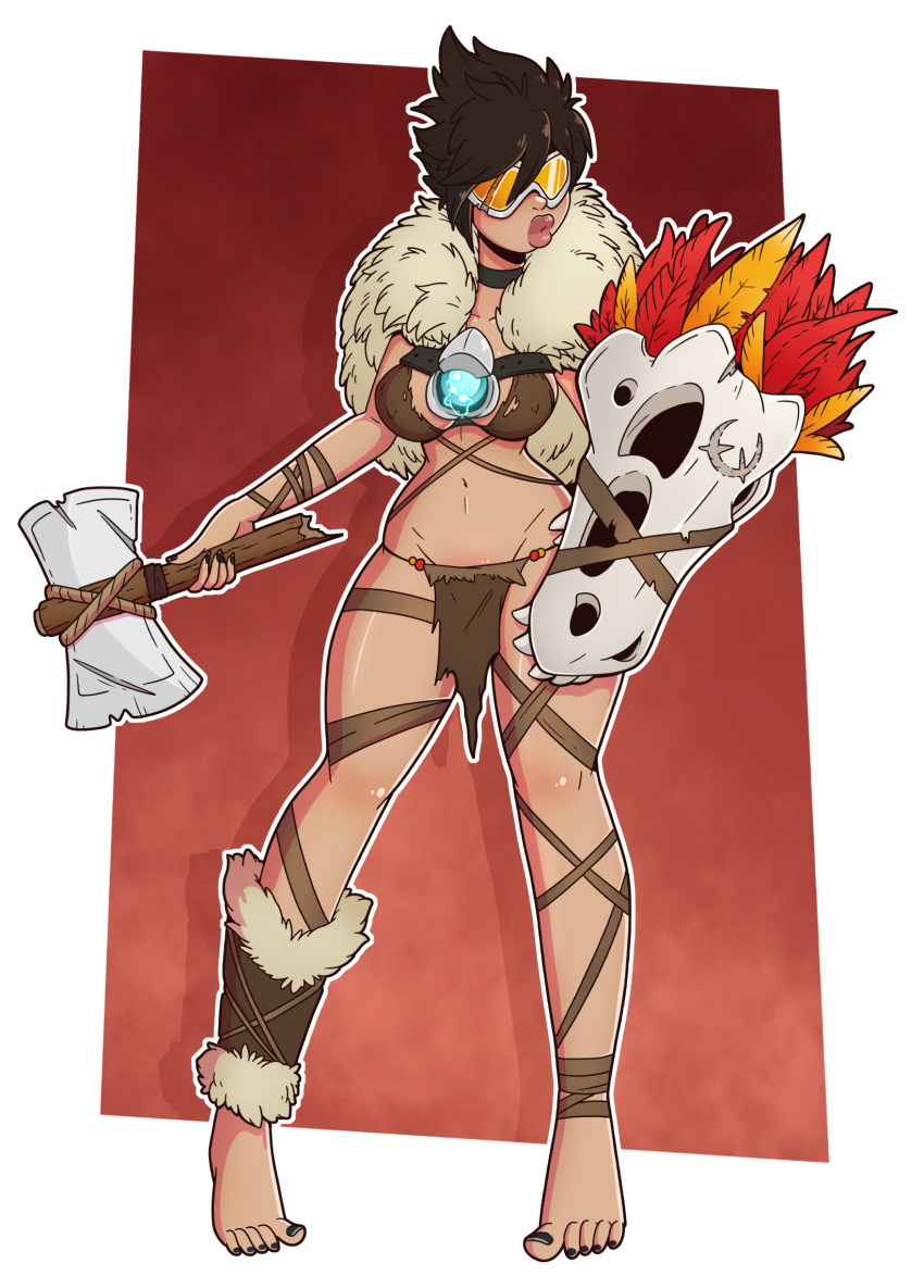 axe barbarian bimbo bimbofication black_nails broken_glass brown_bikini brown_hair cavewoman feathers female female_only fur glasses lips overwatch red_feathers skull tracer wrenzephyr2