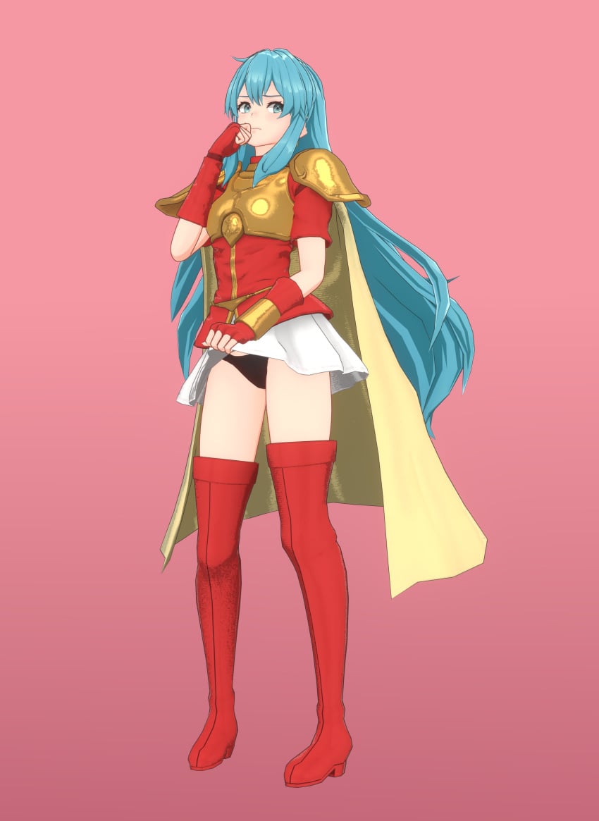 1girls 3d bare_thighs black_panties blue_eyes blue_hair boots cape clothes_lift eirika_(fire_emblem) female female_only fingerless_gloves fire_emblem fire_emblem:_the_sacred_stones full_body gloves lifted_by_self long_hair nintendo overused23 panties pink_background solo thigh_boots thighs underwear upskirt very_long_hair