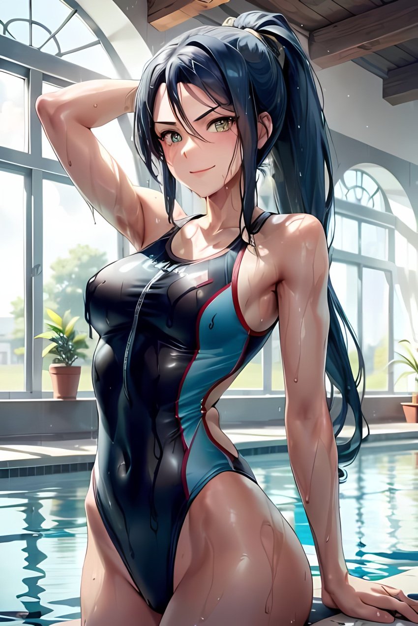 ai_generated blue_hair breasts eiyuu_densetsu laura_s._arseid long_hair medium_breasts one_piece_swimsuit ponytail pool school_swimsuit sen_no_kiseki swimsuit trails_of_cold_steel wet wet_body wet_skin