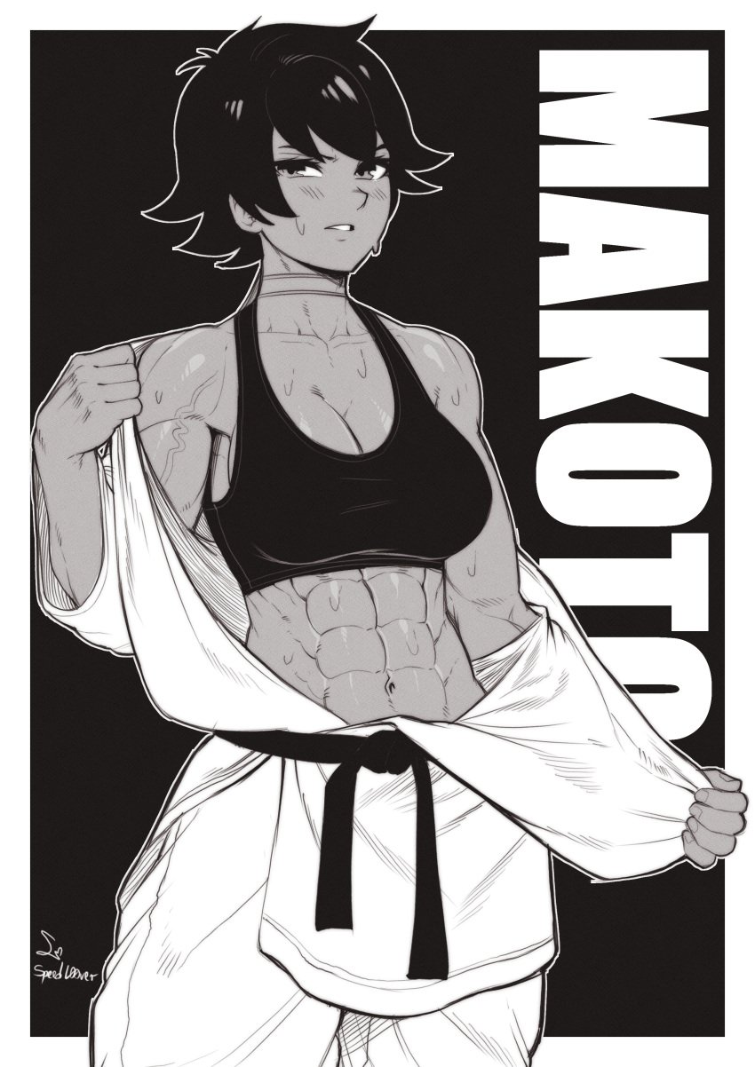 1girls abs bare_arms bare_shoulders big_breasts black_and_white black_hair clothed clothing female female_focus female_only fit_female hi_res large_breasts looking_at_viewer makoto_(street_fighter) muscles muscular muscular_arms muscular_female short_hair solo solo_female speedl00ver street_fighter street_fighter_iii sweat tagme thick_thighs veins