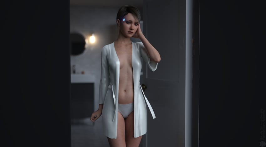 1girls 3d 3d_(artwork) 3d_model android android_girl anthropomorphic bathrobe bathrobe_only bathroom blonde_female blonde_hair blonde_hair_female blue_eyes cgi dark_blonde dark_blonde_hair detroit:_become_human female female_focus female_only hand_on_head human humanoid in_doorway interested kara_(detroit:_become_human) looking_at_viewer mirror missally nearly_naked nearly_nude panties panties_only quantic_dream sony_interactive_entertainment standing underwear white_bathrobe white_underwear