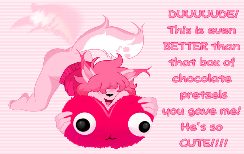 bent_over excited fart_fetish farting hair_covering_eye heart hoodie messy_hair oc original_character pink_hair pink_hoodie plushie skunk skunk_girl smell smelly smiling stinkify tail tail_wagging text