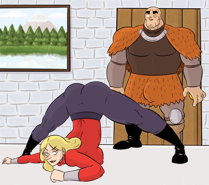 bald big_breasts big_bulge blonde_female blonde_hair bulge dead_meme dorshe excited huge_ass huge_male jack-o_pose muscle_man ousama_ranking queen_hilling ranking_of_kings surprised