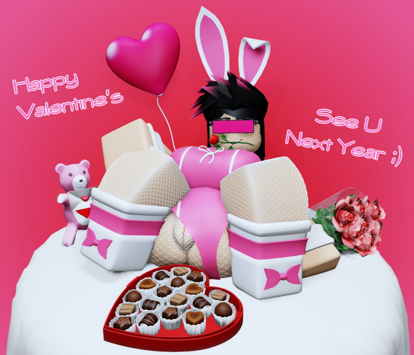 1girls 3d breasts bunny_ears bunnysuit chocolate english_text fishnets heart_balloon iris_(rusmynth) leotard leotard_aside original_character pussy roblox robloxian rose_in_mouth roses rusmynth tagme text thighs valentine's_day