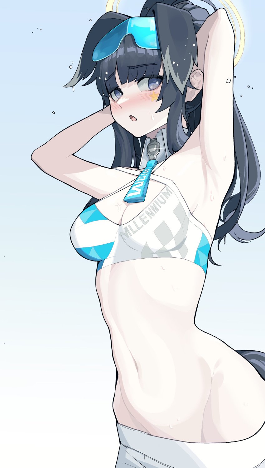 arms_up big_breasts black_hair blue_archive blush dog_ears embarrassed embarrassed_female engineering_department_(blue_archive) female flat_belly furry_ears gogalking hibiki_(blue_archive) hibiki_(cheerleader)_(blue_archive) insact long_hair millennium_cheerleader_outfit_(blue_archive) millennium_science_school_student pants_down slim_waist teenager wide_hips