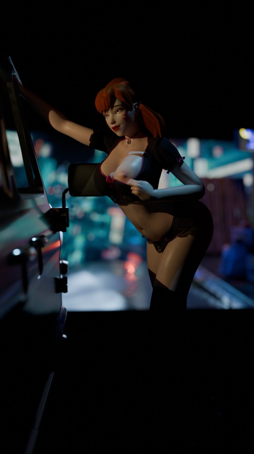 3d 3d_(artwork) assdepik big_breasts car d.va hooker lipstick miniskirt night overwatch overwatch_2 prostitute prostitution slut slutty_outfit street