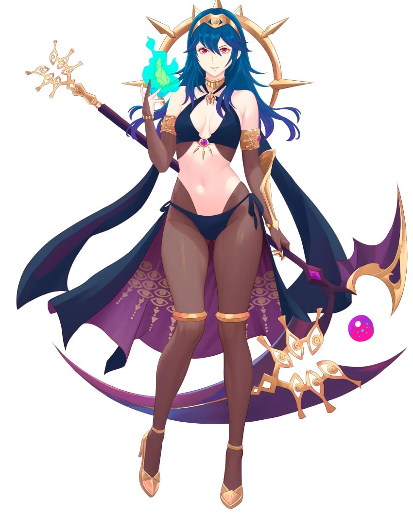 1girls absurdres adapted_costume alternate_costume ass_visible_through_thighs bikini blue_hair bodystocking brand_of_the_defile breasts bridal_gauntlets dark_persona elbow_gloves evil_smile eyes_of_grima female female_only fire_emblem fire_emblem_awakening gloves grima_(fire_emblem) grin highres holding holding_staff long_hair looking_at_viewer lucina_(fire_emblem) navel nintendo red_eyes side-tie_bikini_bottom simple_background small_breasts smile solo staff swimsuit tiara truejekart white_background