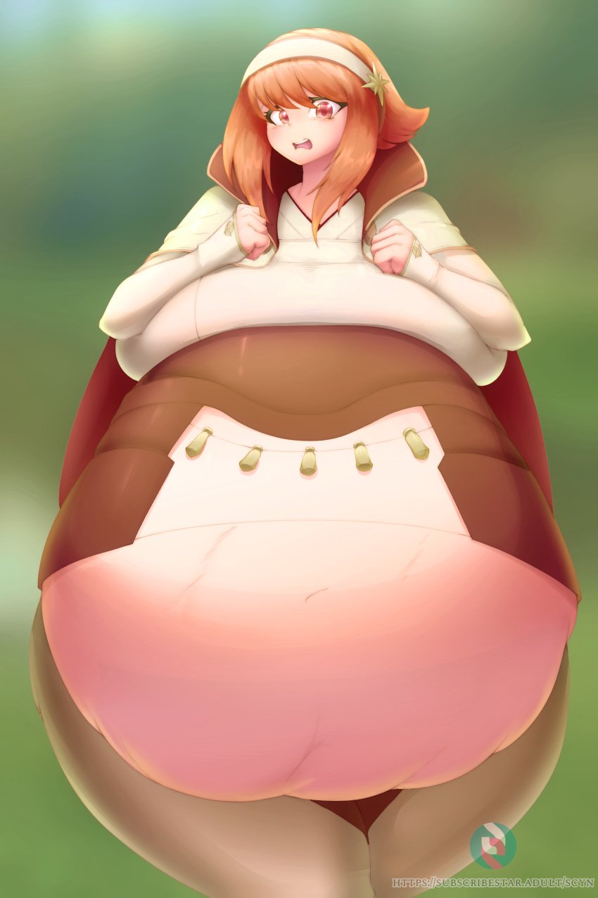 clothed fire_emblem fire_emblem_fates huge_belly huge_breasts nintendo pink_hair sakura_(fire_emblem) scyn shocked_expression short_hair solo_female stomach_bulge stomach_deformation vore