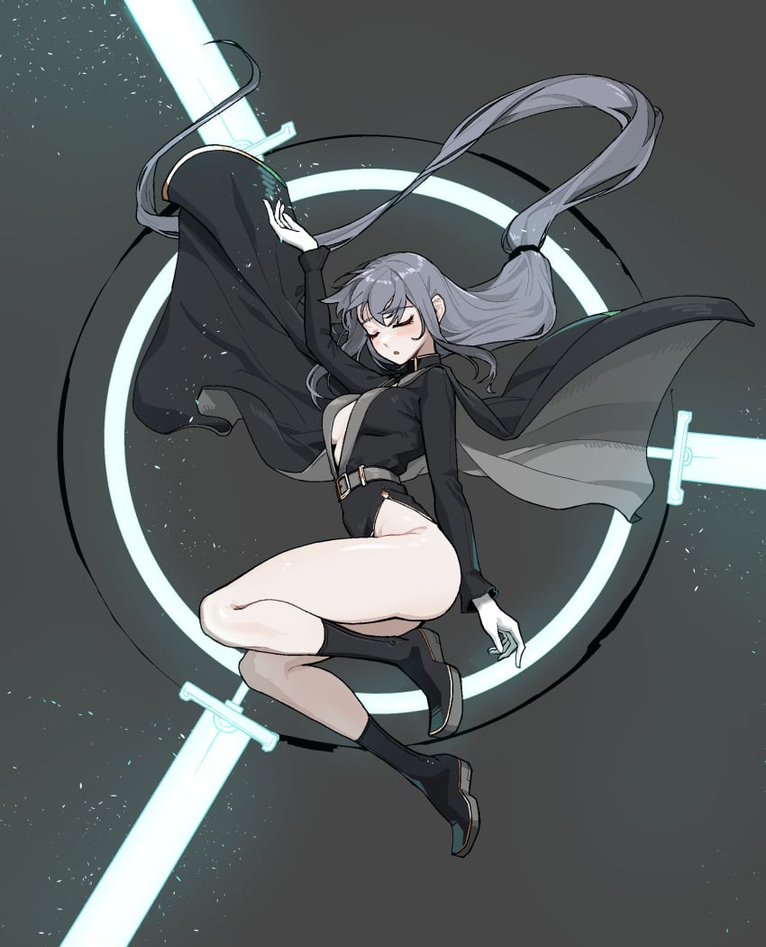 ass ass bare_legs bare_thighs belt big_breasts blush blush boots closed_eyes gogalking grey_hair insact long_hair long_sleeves oc original_character slim_waist teenager thick_thighs tied_hair white_hair