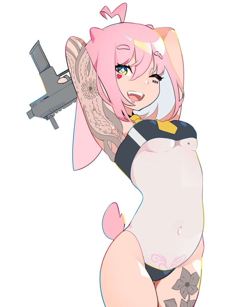 1girls ahoge el_xox firearm gris_swimsuit gun indie_virtual_youtuber mole mole_on_breast one_eye_closed open_mouth pink_hair simple_background tail tattoo tattoos virtual_youtuber