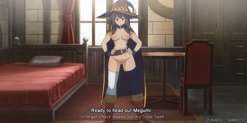 cape casual casual_exposure casual_nudity exhibition exhibitionism exhibitionist kono_subarashii_sekai_ni_shukufuku_wo! megumin partially_clothed partially_clothed_female partially_nude presenting presenting_breasts presenting_pussy ready_for_battle revealing_breasts spread_legs spreading standing zukafu_shimoto