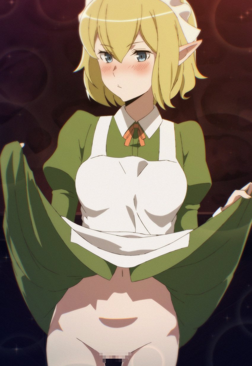 1girls apron blonde_hair blue_eyes blush bottomless censored closed_mouth commentary dress dungeon_ni_deai_wo_motomeru_no_wa_machigatteiru_darou_ka elf english_commentary female green_dress hair_between_eyes hands_up highres jamesmikopi long_sleeves looking_to_the_side maid_apron maid_headdress mosaic_censoring navel pointy_ears presenting puffy_long_sleeves puffy_sleeves pussy ryuu_lion solo thigh_gap thighs wing_collar