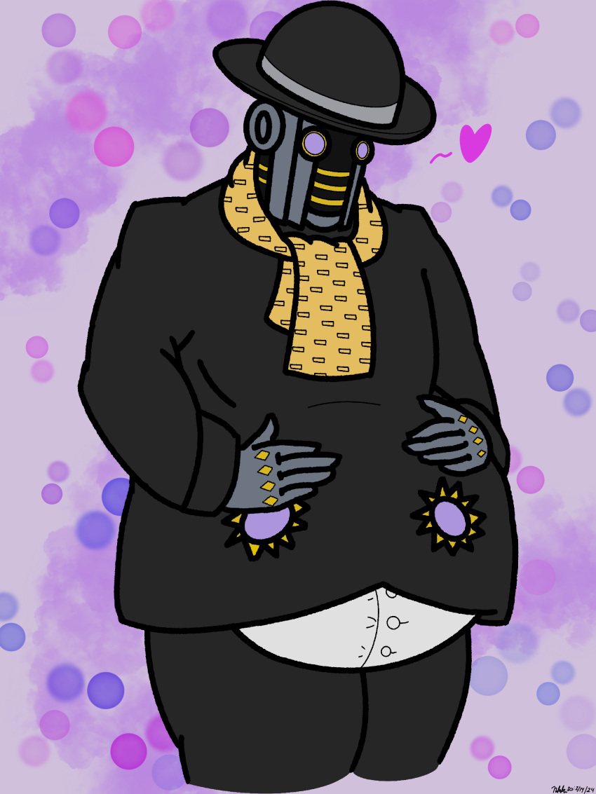 anthro belly belly_expansion belly_inflation black_clothes black_clothing black_coat bowler_hat coat cute fat fat_belly fat_fetish fat_man fatty fetish food formal formal_attire formal_clothes formal_wear fully_clothed fully_clothed_male gut half_body hand_on_belly heart humanoid inflation jacket jojo's_bizarre_adventure jojolion male manga overweight overweight_anthro overweight_male plump plump_belly purple_background robot robot_humanoid robotic round_belly scarf softcore stand_(jjba) tight_clothes tight_clothing undersized_clothes valentine's_day weight_gain wholesome wonder_of_u