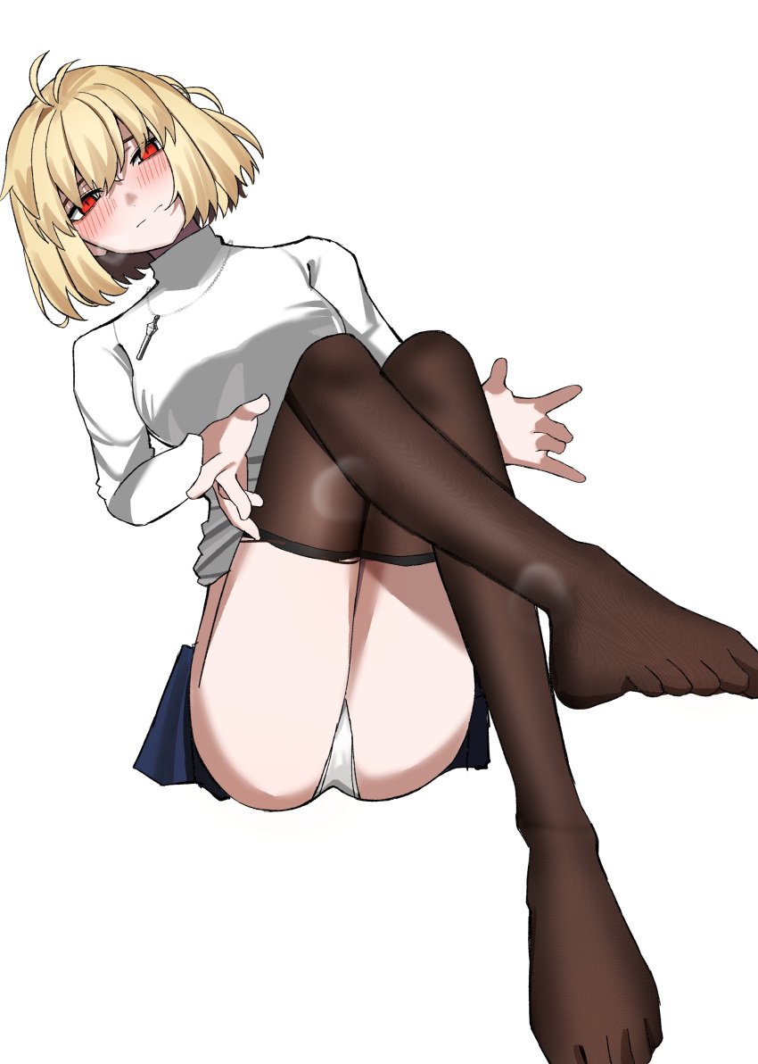 ahoge arcueid_brunestud blonde_hair blush feet feet feet_fetish feet_up flustered foot_fetish jewelry leggings leggings_down leggings_pull looking_at_viewer melty_blood musi_2nd necklace panties pulling_down_pants red_eyes removing_clothing removing_legwear showing_ass showing_butt shy skirt steam steamy stripping sweater tsukihime tsukihime_(remake) vampire vampire_girl