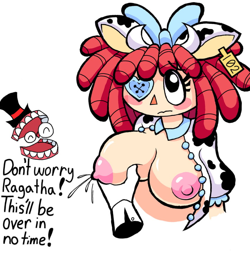 blush bovine button_eyes caine_(the_amazing_digital_circus) cow_ears embarrassed lactation large_breasts m1nty milking_breasts pink_nipples ragatha ragatha_(the_amazing_digital_circus) red_hair the_amazing_digital_circus