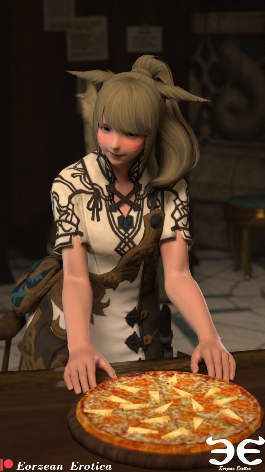 3d blender blonde_hair blush cat_ears cat_tail catgirl cg eorzean_erotica final_fantasy final_fantasy_xiv grey_hair indoors inside light-skinned_female light_skin miqo'te pineapple pineapple_on_pizza?! pineapple_pizza pizza shy tail two_tone_hair zhloe_aliapoh