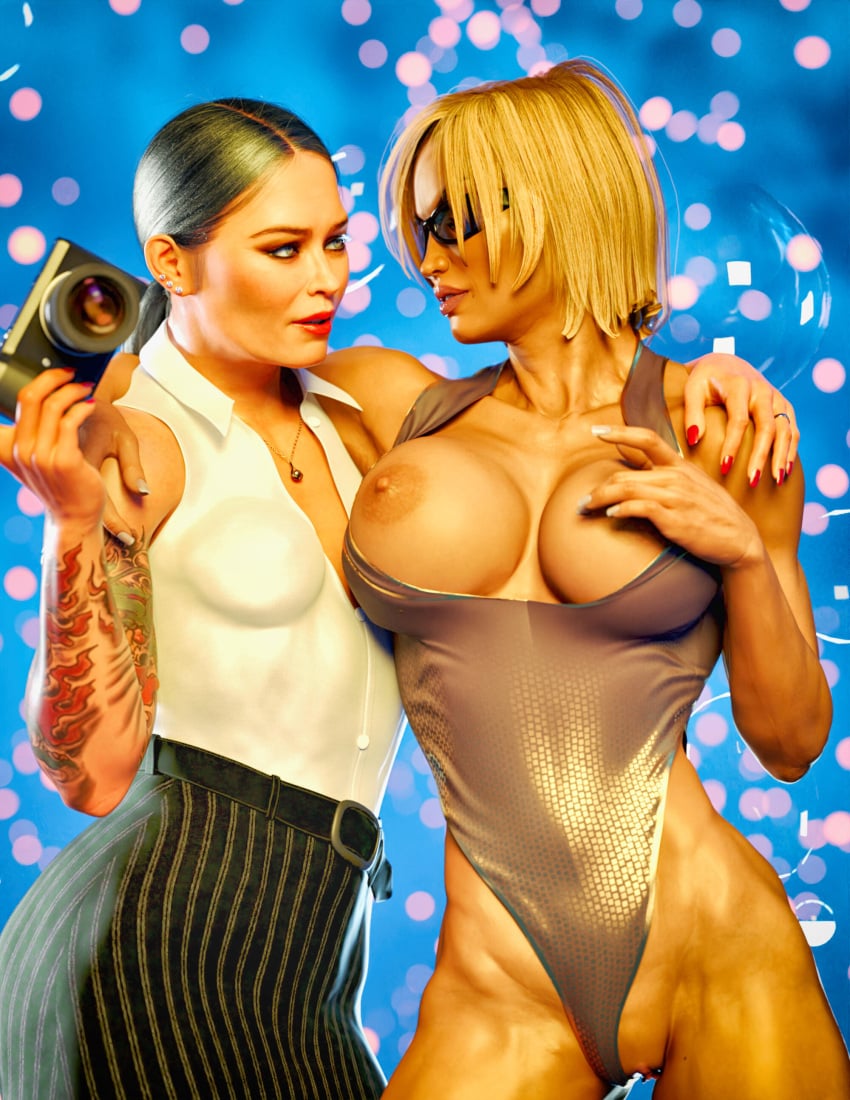 2023 2girls 3d arm_tattoo black_hair blonde_hair breasts_out camera female female_only holding_camera holding_object huge_breasts jonasd jonasd-3dart joyce_(jonasd) mature mature_female milf multiple_girls muscular muscular_female office_lady original_character red_nail_polish red_nails short_hair small_breasts standing tattoo