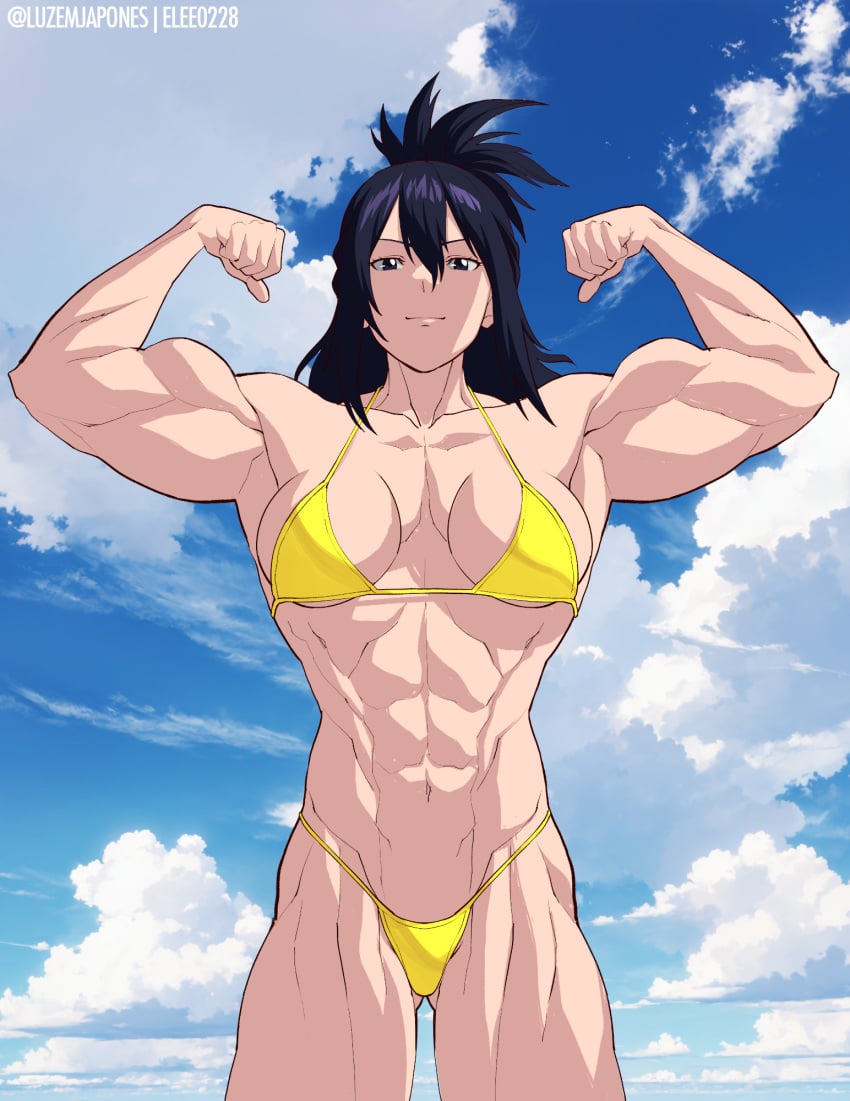 1girls abs armpits biceps bikini breasts commission elee0228 flexing hi_res luzemjapones medium_breasts muscular muscular_female my_hero_academia nana_shimura navel purple_eyes purple_hair smile watermark yellow_bikini