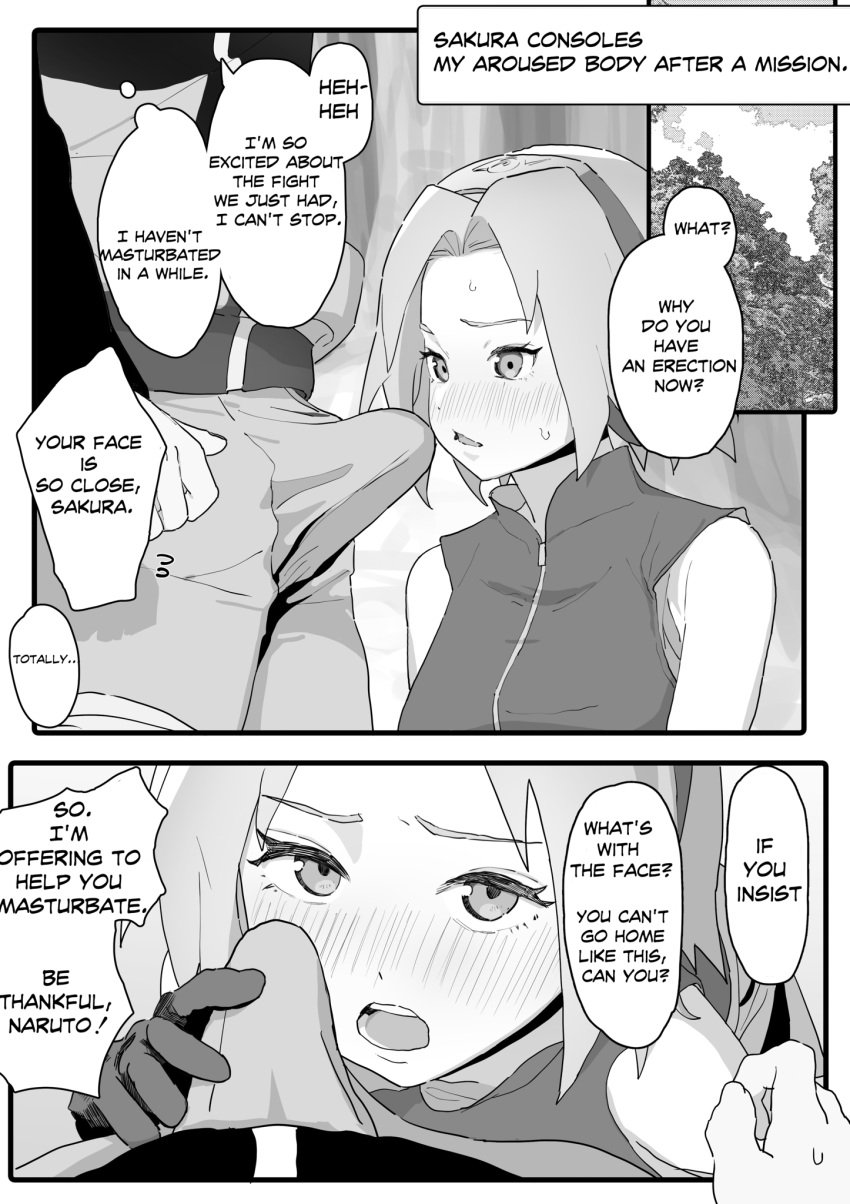 1boy1girl blush comic comic_page embarrassed erect_nipples_under_clothes erect_penis erection handjob handjob_over_clothes head_out_of_frame holding_penis long_hair looking_at_penis male/female monochrome nan5nan naruto naruto_(series) naruto_shippuden out_of_frame penis penis_grab sakura_haruno speech_bubble straight talking talking_to_another talking_to_partner text text_bubble uzumaki_naruto