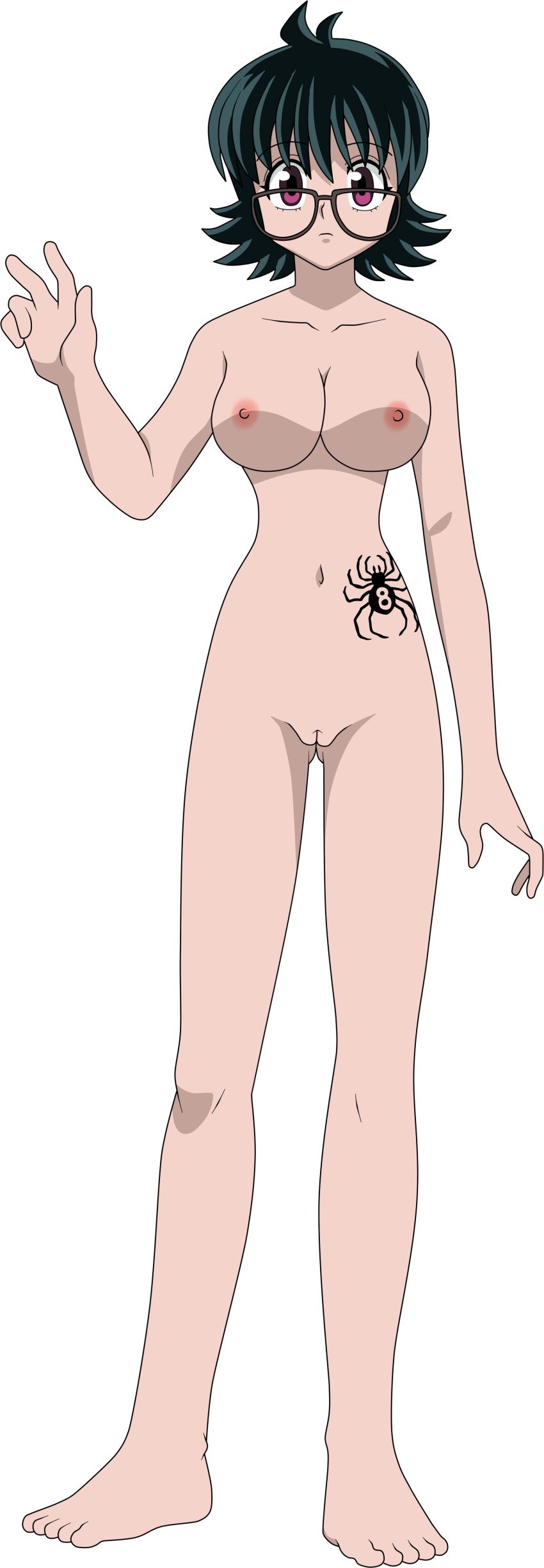 8 black_hair_female glasses glasses_askew hairless_pussy hunter_x_hunter lionprideart nude nude_female number_tattoo purple_eyes shizuku_murasaki spider spider_tattoo tattoo tattoo_on_belly transparent_background waving_at_viewer