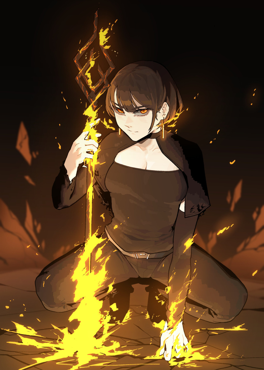 belt black_hair cat_eyes cleavage crouching demon_eyes earrings female fire flame gogalking insact jeans kneeling looking_at_viewer oc orange_eyes original_character shirt spread_legs teenager wide_hips