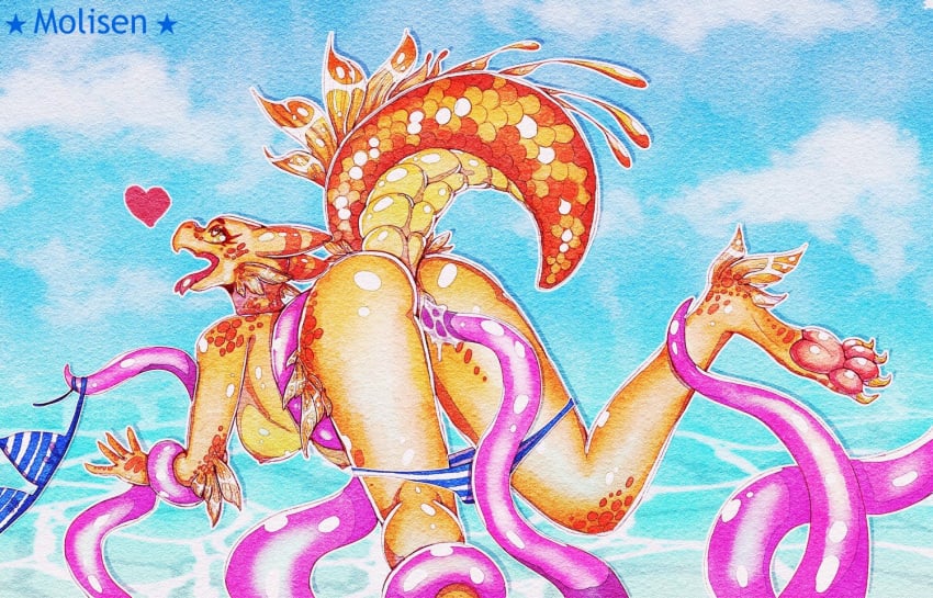 anthro bikini_bottom_down bikini_top_removed biped breasts female heart hearts_around_head kobold molisen nipples nude open_mouth pawpads penetration reptile scales scalie sex solo striped_bikini tentacle tentacle_penetration tentacle_sex tongue tongue_out