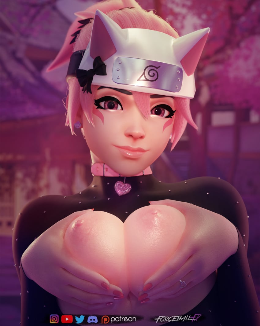 1girls 3d 3d_(artwork) areola areolae asian asian_female black_eyebrows blender_eevee blizzard_entertainment breasts choker earrings eye_contact female female_focus female_only forceballfx fox fox_ears grabbing grabbing_own_breast headband japanese japanese_female jewelry kiriko_(overwatch) kiriko_kamori long_hair looking_at_viewer medium_breasts nail nail_polish nails nails_painted nipples no_bra overwatch overwatch_2 pink_eyes pink_hair pink_nail_polish pink_nails ponytail ring sakura_kiriko shiny shiny_skin skin_tight skintight squish squished_breasts tied_hair valentine's_day