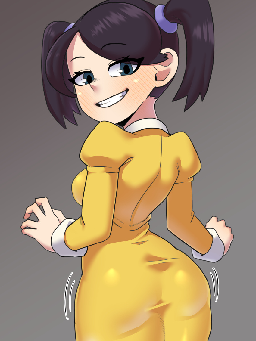 1girls aged_up ass black_hair blush breasts dress eye_contact female female_only fully_clothed looking_at_viewer looking_back painting_fish sideboob sienna_contiello skullgirls smug solo solo_female squigly standing twintails