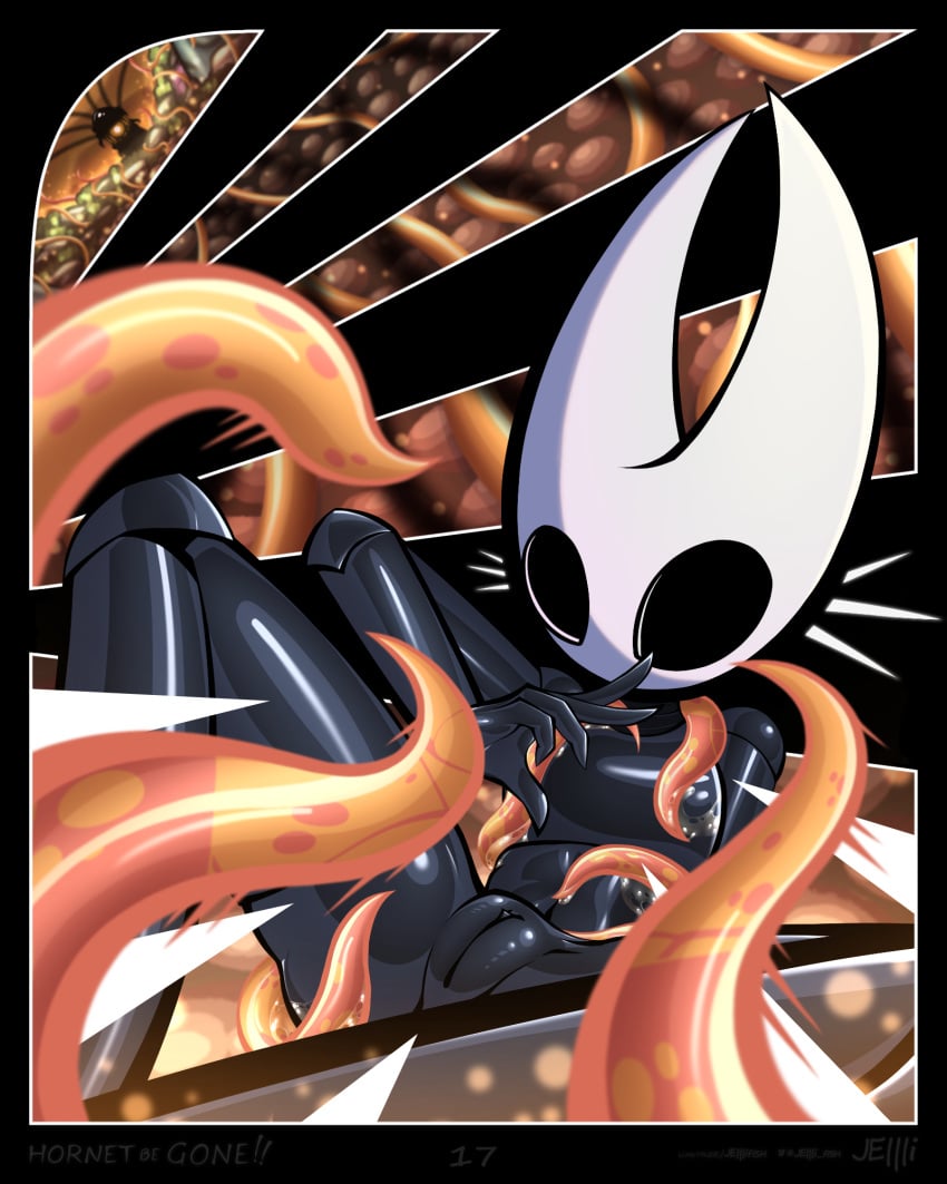 2024 4:5 arthropod black_body clitoris comic depth_of_field detailed_background digital_media_(artwork) featureless_chest female flat_chested genitals hi_res hollow_knight hornet_(hollow_knight) hornet_be_gone humanoid humanoid_genitalia humanoid_pussy jellli lying motion_lines on_back orange_tentacles page_17 page_number plump_labia pussy segmented_body slime solo spread_legs spreading team_cherry tentacle tentacle_creature tentacles_around_body the_infection_(hollow_knight)