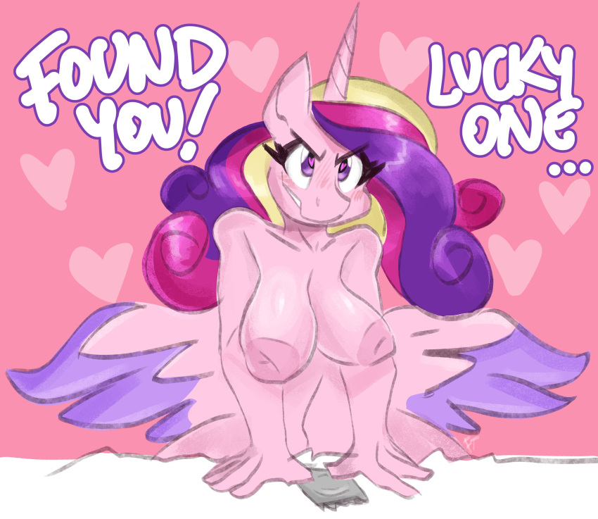 blonde_hair breasts condom english_text female female_focus flutterthrash friendship_is_magic hair hasbro imminent_sex implied_male long_hair multicolored_hair my_little_pony pink_body pink_hair pink_skin princess_cadance_(mlp) purple_hair solo text wings