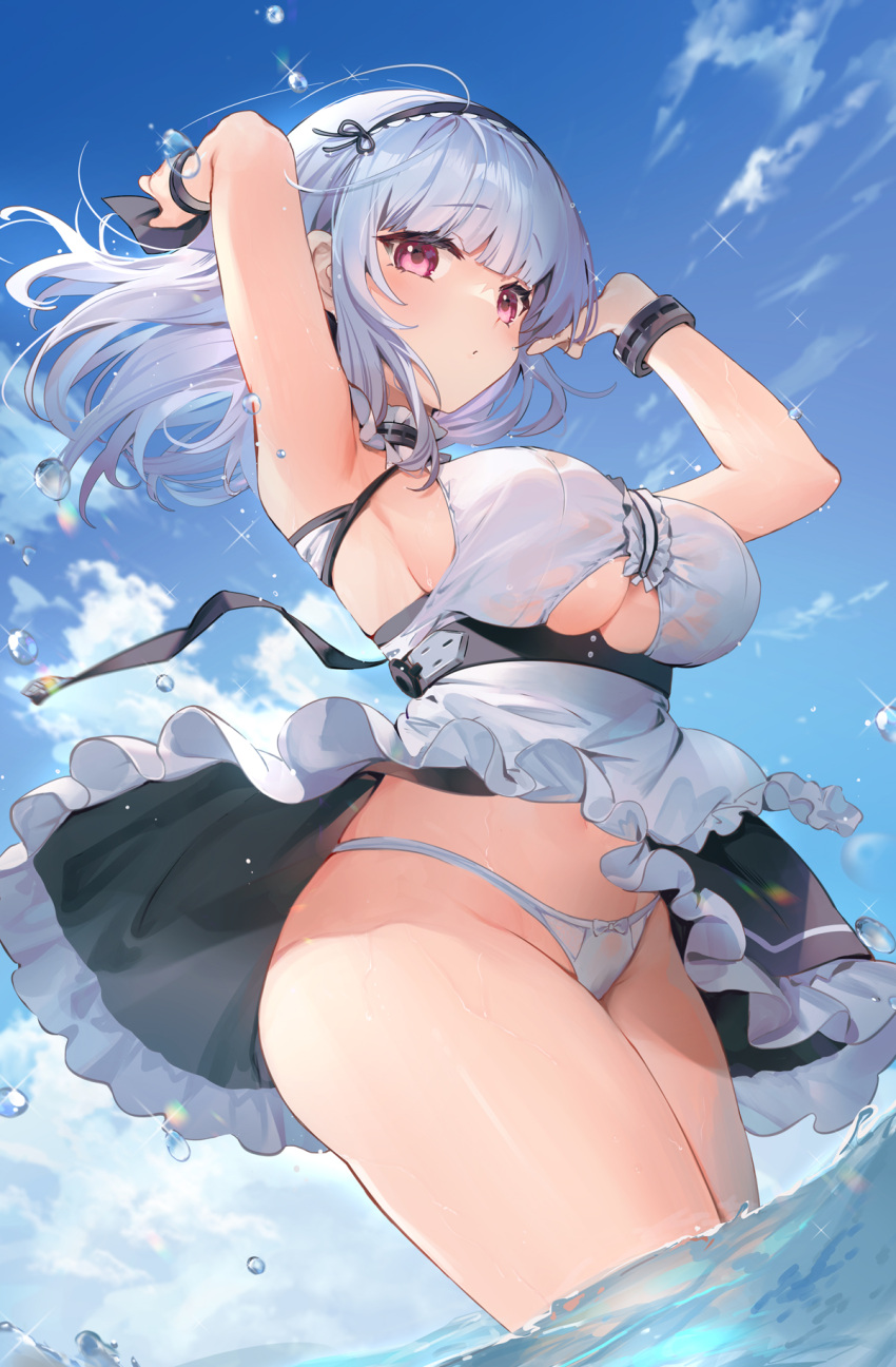 apron arms_up azur_lane bangs bare_shoulders black_skirt blue_sky blunt_bangs breasts center_frills clothes_lift clothing_cutout cloud cowboy_shot day dido_(azur_lane) dutch_angle female frilled_apron frilled_hairband frilled_skirt frills groin hairband highres kita_(kitairoha) large_breasts long_hair looking_at_viewer maid maid_apron outdoors panties purple_eyes raised_eyebrows shirt sideboob sidelocks skirt skirt_lift sky sleeveless sleeveless_shirt solo sparkle string_panties taut_clothes taut_shirt thighs underboob underboob_cutout underbust underwear wading water water_drop white_apron white_hair white_panties white_shirt wind wind_lift