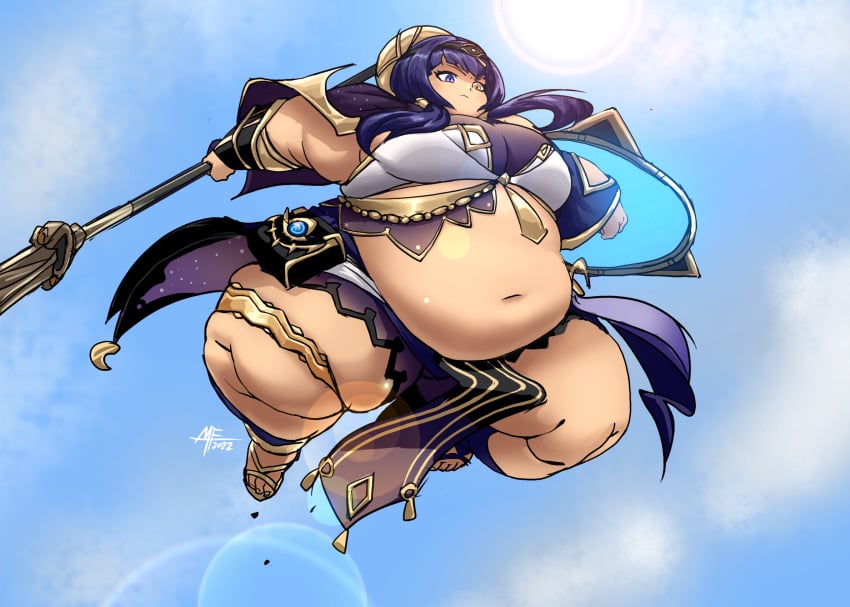 1girls bbw belly belly_bulge belly_button big_belly breasts candace_(genshin_impact) dark-skinned_female dark_skin exposed_belly exposed_belly_button exposed_fat_belly fat fat_belly fat_female fat_girl fat_woman female female_only hoyoverse jumping mihoyo mihoyo_technology_(shanghai)_co._ltd. obese obese_female sheild sky solo sumeru_xxx_(artist) weapon