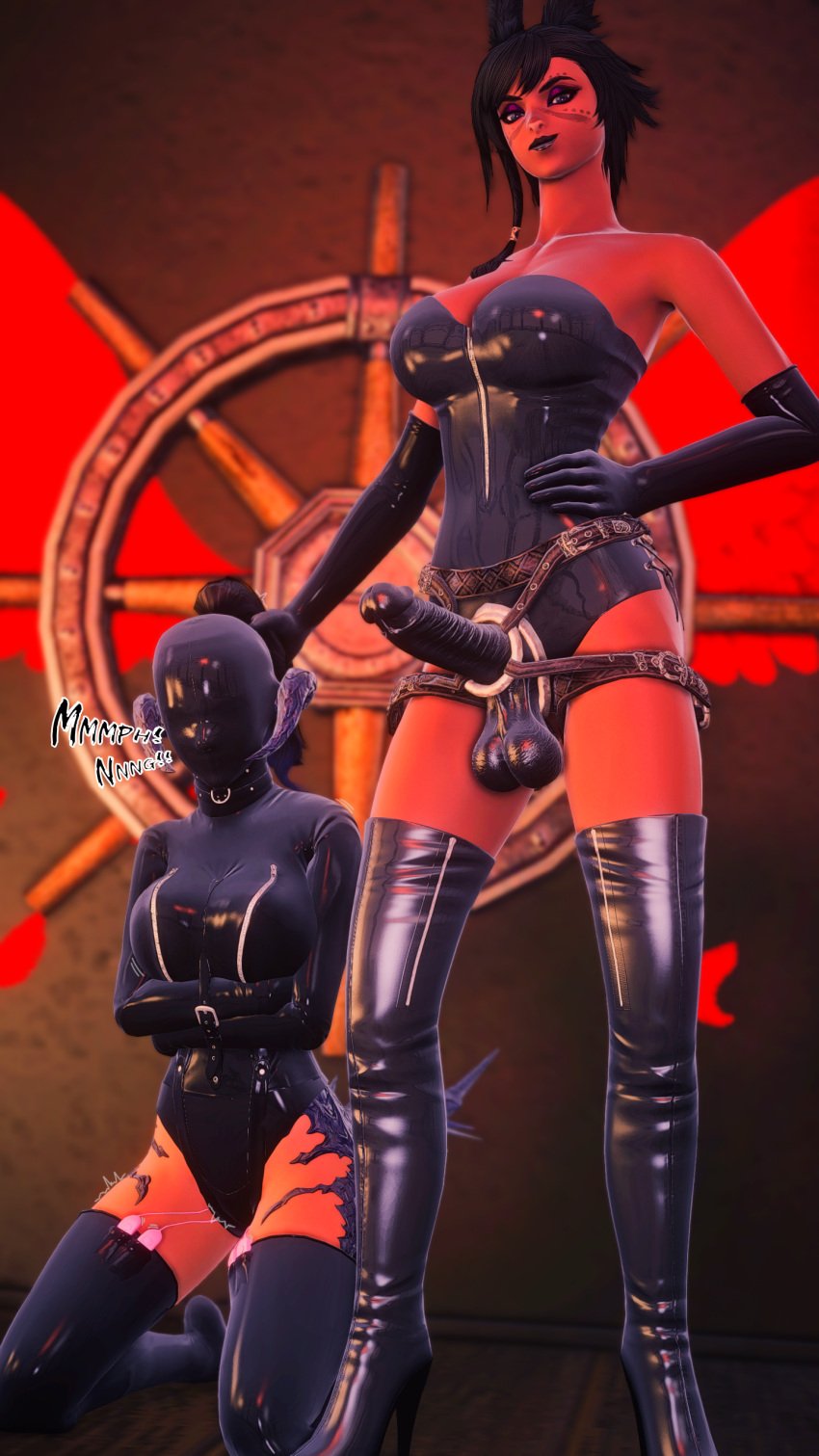 2girls 3d au_ra bondage bondage_hood collar dominatrix final_fantasy final_fantasy_xiv gimp_mask gimp_suit hood imminent_rape kidnapped kisa_kha latex latex_gloves latex_suit latex_thighhighs looking_at_viewer ponytail ponytail_hold posture_collar straitjacket strap-on vibrator vibrator_in_pussy vibrator_under_clothes viera xaela