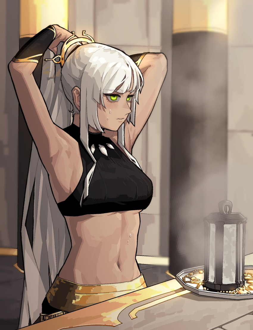 arms_up belly_button big_breasts blush blushing female gogalking green_eyes insact long_hair oc original_character sitting slim_waist sports_bra sweatdrop teenager tied_hair white_hair