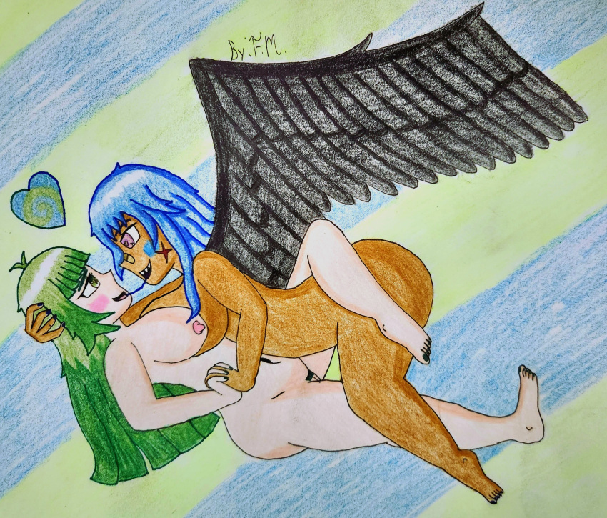 blue_hair dark-skinned_female darkette f.m. green_eyes green_hair hand_holding huge_breasts leg_lock oc purple_eyes saliva_trail wings yuri