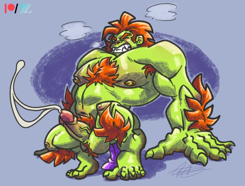 balls bara blanka boner capcom chest_hair closed_eyes cum dildo dildo_in_ass dildo_sitting erection green_body green_skin male male_only muscles muscular nude orange_hair orgasm penis solo solo_male street_fighter zeiroslion