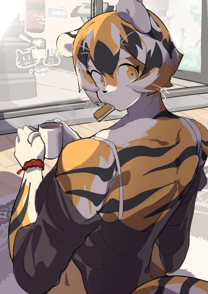 1girls anthro big_breasts breasts cafe clothed coffee female food furry looking_at_viewer looking_back mx99926 oc snacks striped striped_body striped_fur stripes waai_fu_(arknights)