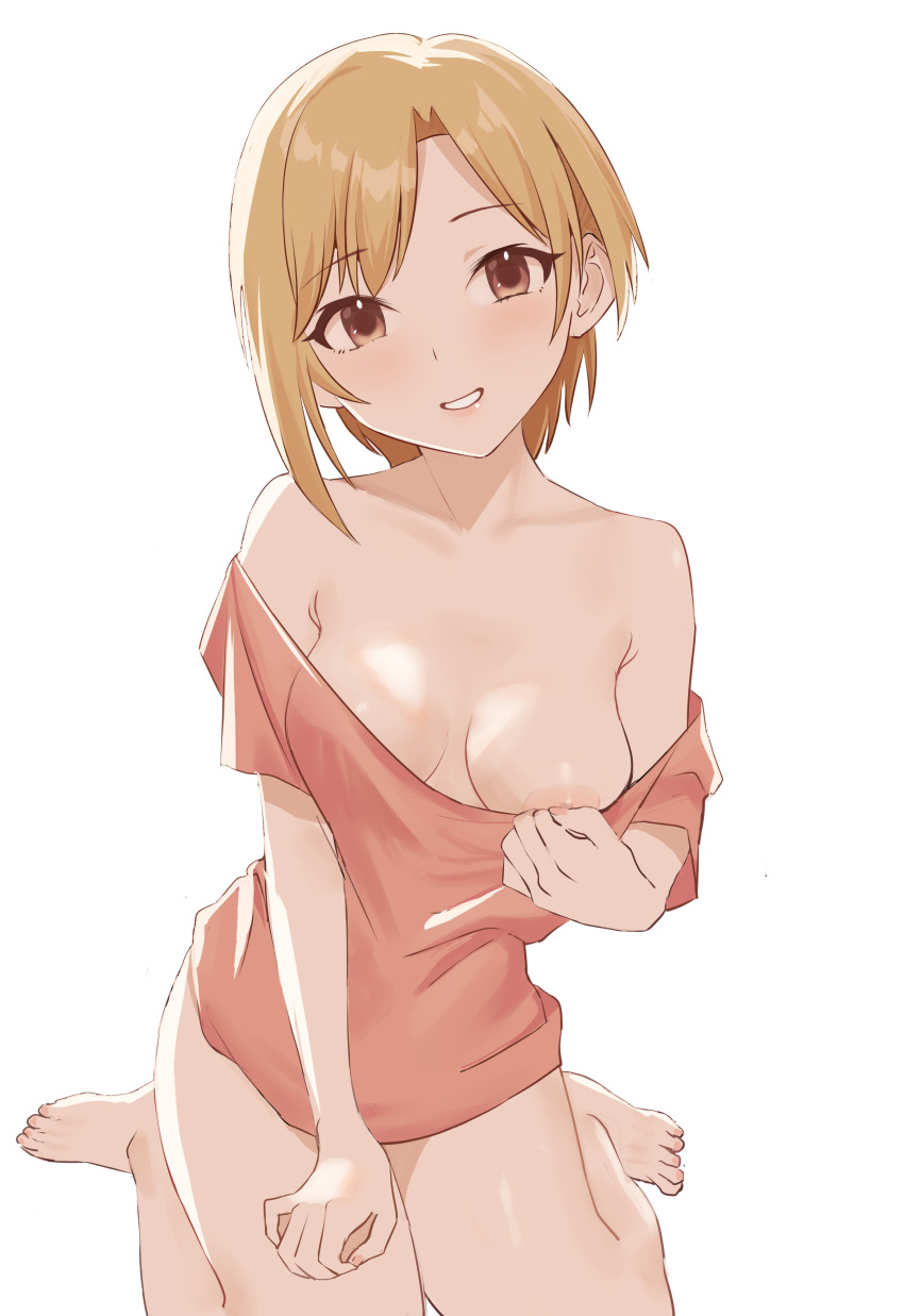 1girls absurd_res absurdres aiba_yumi areolae bare_breasts bare_legs bare_shoulders bare_thighs barefoot blonde_female blonde_hair blonde_hair_female blush breast_peek breasts cleavage collarbone dot_nose elbows etsutsuni feet female female_focus female_only fingernails fingers full_body groin high_resolution highres idolmaster legs light_skin lips looking_at_viewer medium_breasts nipple_peek nipples nude pink_nails shiny_skin short_hair shoulders simple_background sitting slender_body slender_waist slim_girl slim_waist smile smiling smiling_at_viewer solo thick_thighs thighs thin_waist toes uncensored_breasts uncensored_nipples undressing v-line white_background