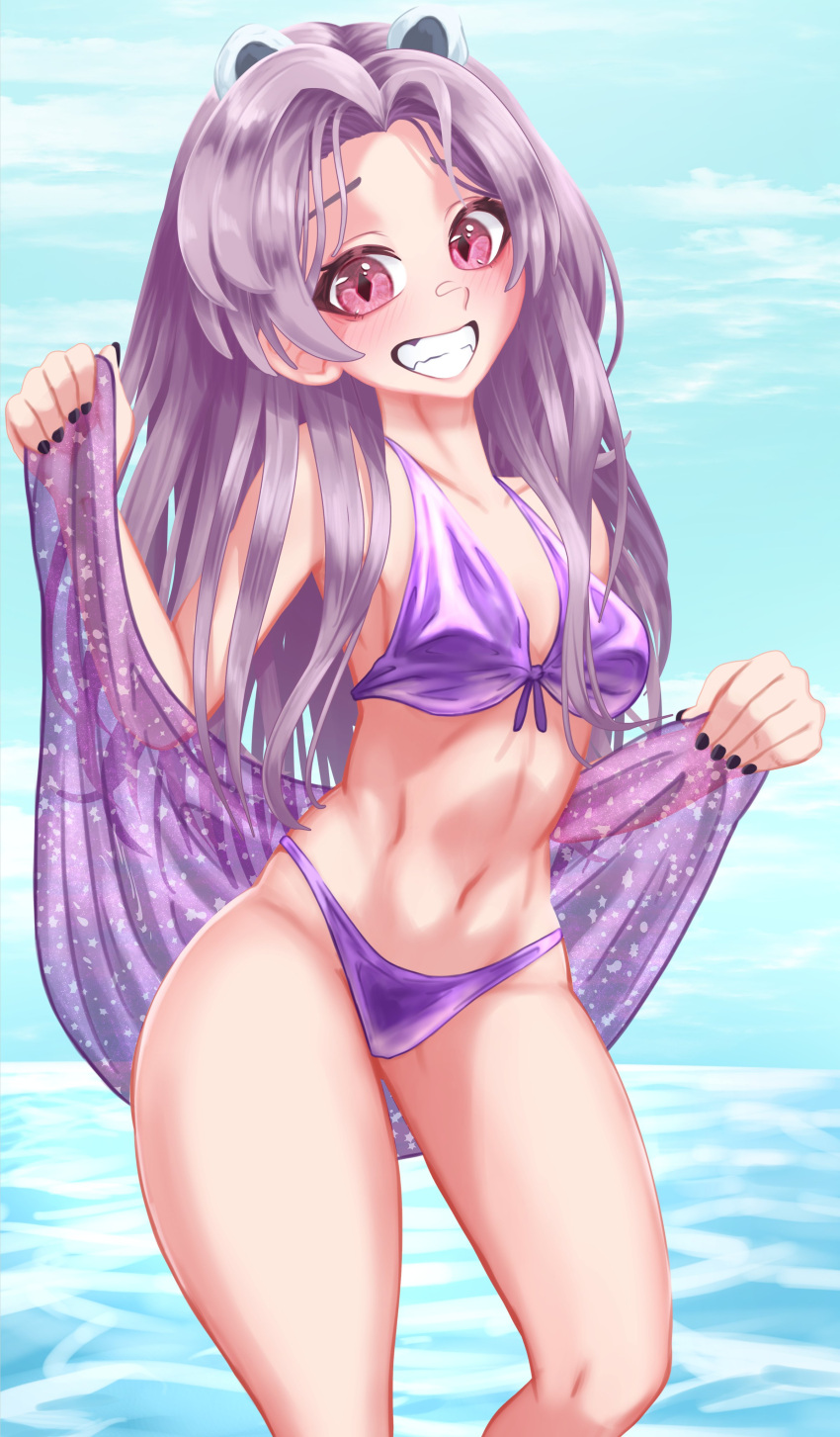 1girls animal_ears bear_ears bear_girl bikini black_nails blush bra clouds day female female_only front_view highres hispanic_virtual_youtuber just_4ngels latam_virtual_youtuber light-skinned_female light_skin long_hair ocean pink_eyes purple_hair runa_hoshino small_breasts smiling smiling_at_viewer solo standing standing_in_water summer swimsuit thong thong_bikini virtual_youtuber vtuber vtuberfanart water yume_girls!