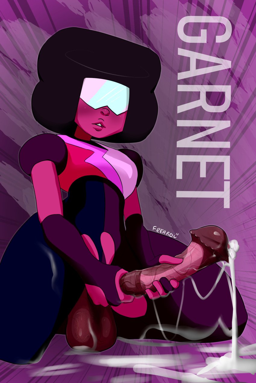 artist_name artist_signature background big_balls big_hips big_penis black_hair blush color colored cum dickgirl fanart freako futanari garnet_(steven_universe) horsecock large_penis maroon_skin orgasm pink_skin purple_skin ripped_bodysuit ripped_clothing ripped_pants steven_universe sunglasses wide_hips