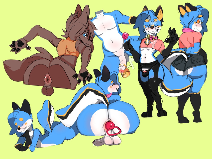 1boy anal_ball annacrazytoivo balls blue_fur cock_ring cum fat_ass femboy furry naked penis tail yellow_eyes